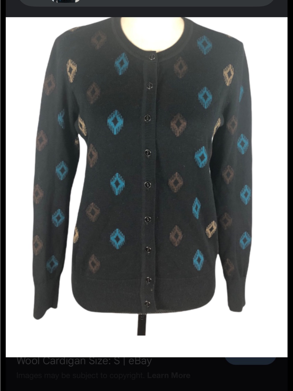 Foxcroft Black Cardigan with Teal and Brown Diamond Motif